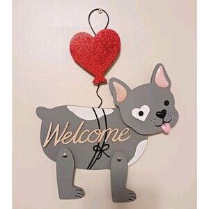 Gray Frenchie French Bulldog 17" Dog Love Heart WELCOME Door Sign Wall Hanging